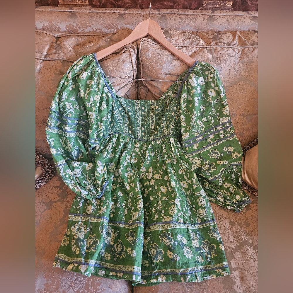 NWOT Free People Green Floral Babydoll Puff Long Sleeves Mini Dress